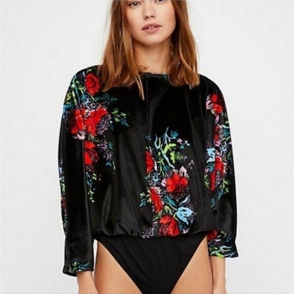 Free People Intimately Large Babe Slouchy Black Velvet Floral Blouson Bodysuit - Picture 2 of 15